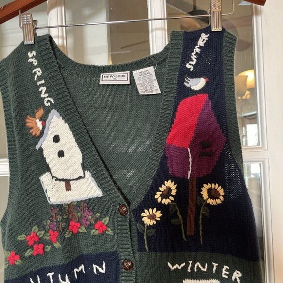 Vintage New Look Sweater Vest Bird House M Embroidered Blue Cottage Core Granny - Picture 2 of 12